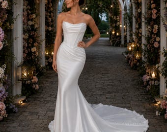 Minimalist Satin Wedding Dress, Strapless Mermaid Bridal Gown, Simple Elegant Attire