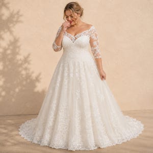 Plus Size Wedding Dress, Lace Bridal Gown, Off Shoulder, A Line Romantic