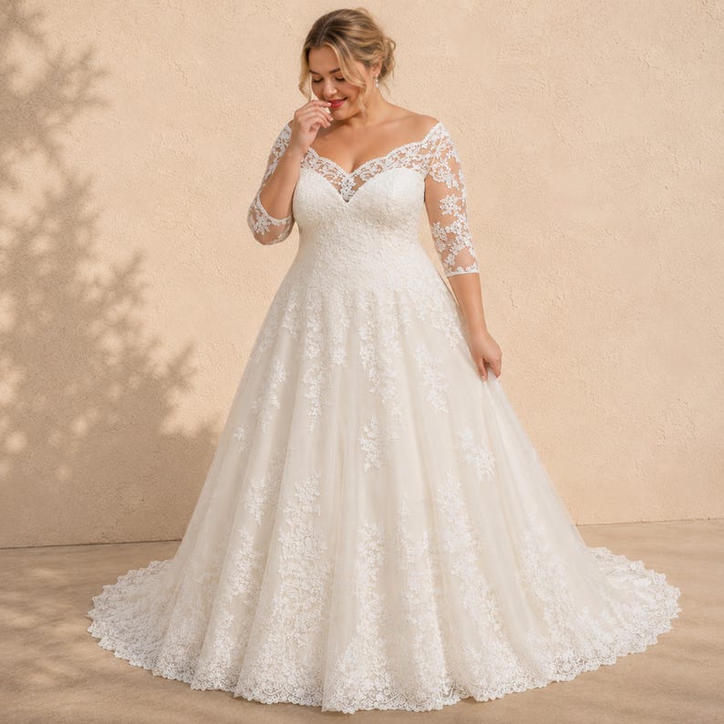 Plus Size Wedding Dress, Lace Bridal Gown, Off Shoulder, A Line Romantic