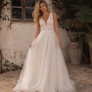 Beach Wedding Dress, Boho Lace Bridal Gown, Deep V A Line Dress