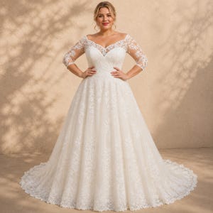 Plus Size Wedding Dress, Lace Bridal Gown, Off Shoulder, A Line Romantic