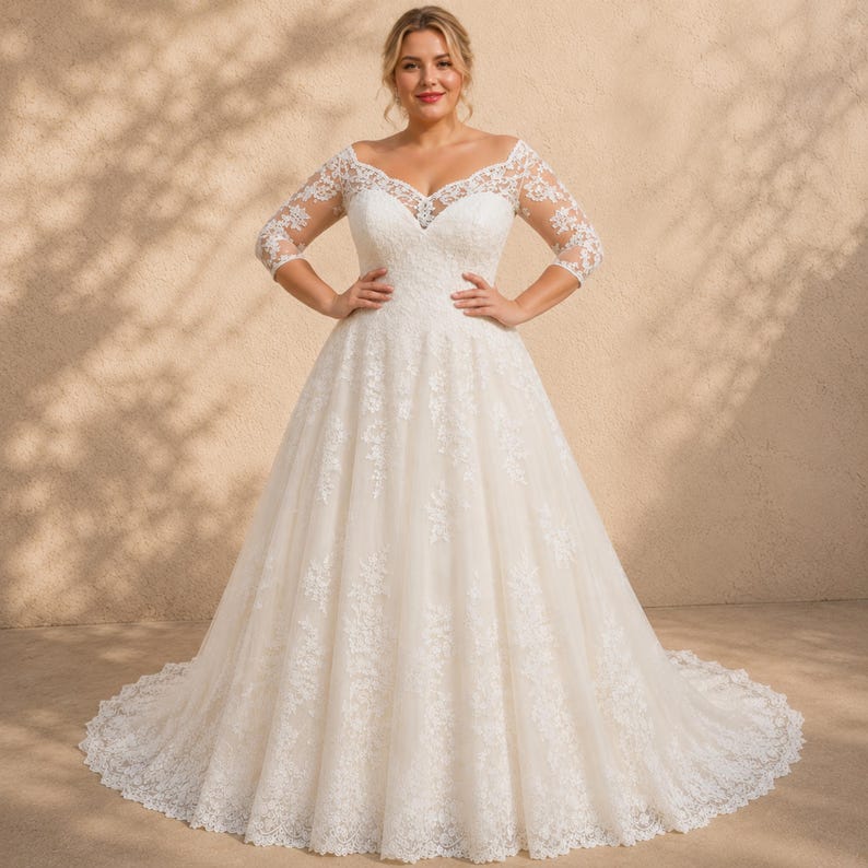 Plus Size Wedding Dress, Lace Bridal Gown, Off Shoulder, A Line Romantic
