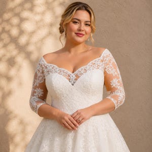 Plus Size Wedding Dress, Lace Bridal Gown, Off Shoulder, A Line Romantic