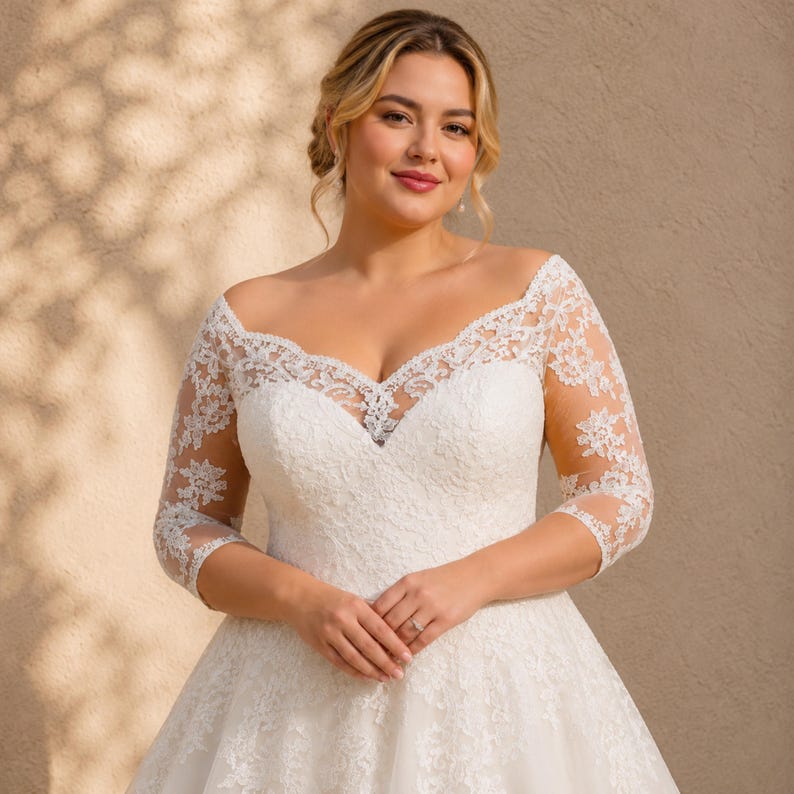 Plus Size Wedding Dress, Lace Bridal Gown, Off Shoulder, A Line Romantic