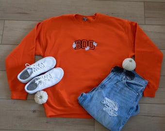 Boo Sweatshirt, Halloween Embroidered Sweatshirt, Ghost Halloween Orange Sweatshirt, Boo Crewneck