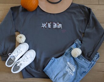 Cow Ghost Crewneck Sweatshirt, Halloween Embroidered Sweatshirt, Ghost Halloween Orange Sweatshirt, Trick or Treat Cow Crewneck