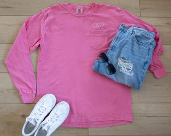 Mama Pocket Comfort Colors Long Sleeve Tee, Pocketed Tee, Embroidered Mama Long Sleeve