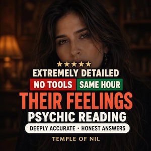 May include: A graphic advertisement featuring five gold stars and the text: EXTREMELY DETAILED, NO TOOLS, SAME HOUR, THEIR FEELINGS, PSYCHIC READING, DEEPLY ACCURATE, HONEST ANSWERS, and TEMPLE OF NIL, set against a dark, blurred background.