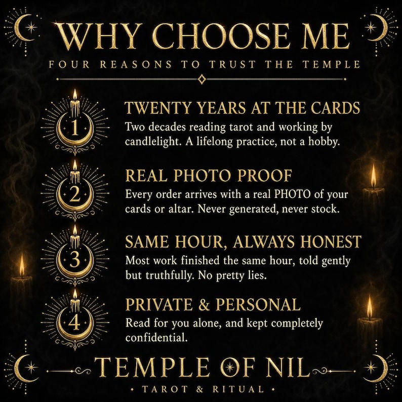 May include: A black informational graphic with gold text and candle illustrations. The header reads WHY CHOOSE ME, FOUR REASONS TO TRUST THE TEMPLE. Four numbered points detail services: TWENTY YEARS AT THE CARDS, REAL PHOTO PROOF, SAME HOUR, ALWAYS HONEST, and PRIVATE & PERSONAL. The footer reads TEMPLE OF NIL, TAROT & RITUAL.