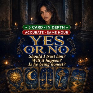Peut inclure: Cinq cartes de tarot avec des images célestes et symboliques, dont un soleil, une lune, une balance, une clé et une croix. Le texte indique : 5 CARD IN DEPTH, ACCURATE SAME HOUR, YES OR NO, Should I trust him? Will it happen? Is he being honest?