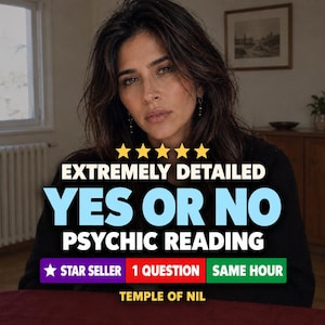 May include: A digital graphic featuring a person with dark hair and text that reads EXTREMELY DETAILED YES OR NO PSYCHIC READING. Below this, smaller text boxes state STAR SELLER, 1 QUESTION, SAME HOUR, and TEMPLE OF NIL, with five yellow stars.