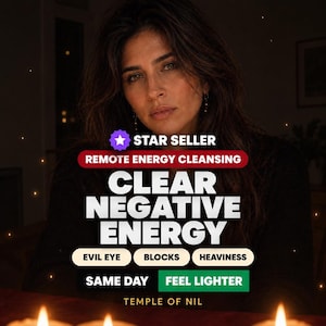 May include: A digital graphic featuring a person with dark hair and the text: STAR SELLER, REMOTE ENERGY CLEANSING, CLEAR NEGATIVE ENERGY, EVIL EYE, BLOCKS, HEAVINESS, SAME DAY, FEEL LIGHTER, and TEMPLE OF NIL, illuminated by warm candlelight.