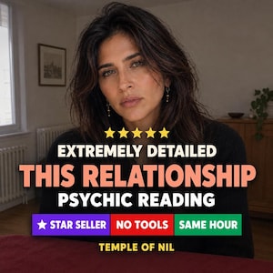 May include: A digital graphic featuring a person with dark hair and text that reads EXTREMELY DETAILED THIS RELATIONSHIP PSYCHIC READING, STAR SELLER, NO TOOLS, SAME HOUR, and TEMPLE OF NIL, accompanied by five yellow stars.