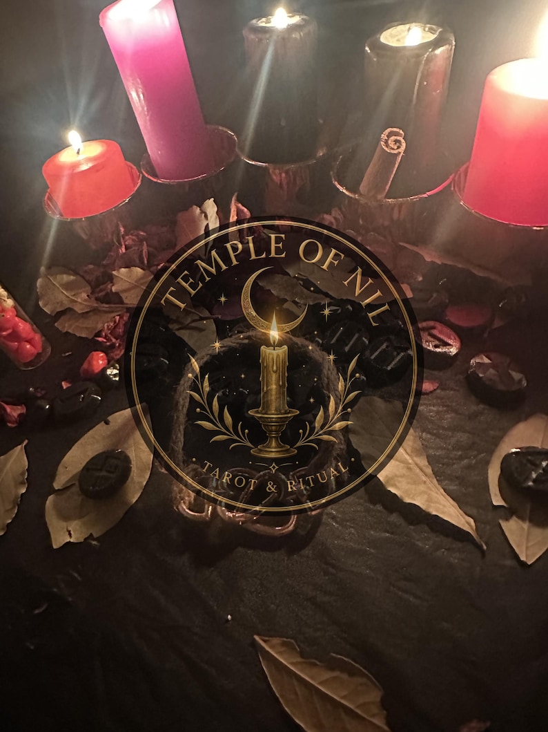 May include: A collection of four lit candles in red, pink, and black, arranged with scattered dried leaves and dark stones. A circular logo with the text TEMPLE OF NIL TAROT & RITUAL and a central candle illustration is overlaid on the scene.