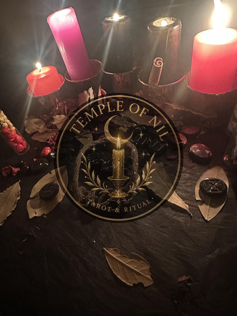 May include: A collection of lit candles in red, pink, and black, arranged with scattered dried leaves and small dark circular tokens. A circular logo featuring a candle, crescent moon, and the text Temple of Nil Tarot & Ritual is centred.