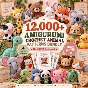 Op de afbeelding: Een verzameling van diverse gehaakte amigurumi-dieren, waaronder een giraf, beer, konijn, vos, koala, koe, dinosaurus, olifant, egel, schildpad, pinguïn, panda, axolotl, leeuw, kat en hond, rondom een digitaal PDF-patronenbundel bord.