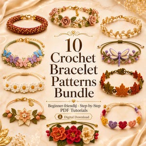 Könnte beinhalten: Ein digitales Download-Paket mit 10 Häkelarmband-Mustern inklusive Schritt-für-Schritt-PDF-Anleitungen. Das Bild zeigt zehn verschiedene handgefertigte Armbänder mit Blumen-, Schmetterlings-, Libellen-, Blatt- und Herzmotiven in verschiedenen Farben.