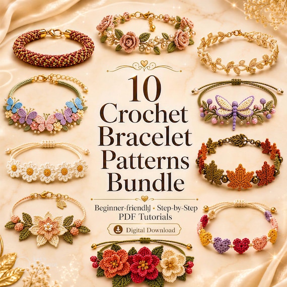 DIY Crochet Bracelet Pattern Bundle PDF, Crochet Jewelry Tutorial, Beginner Friendly