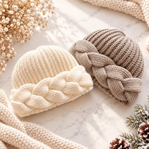 Op de afbeelding: Twee gebreide mutsen, één in crème en één in taupe, met een dikke ribbelstructuur en een opvallende gevlochten kabelgebreide band rond de basis. De mutsen zijn gemaakt van zacht garen en hebben een klassiek, afgerond silhouet met een omslag.
