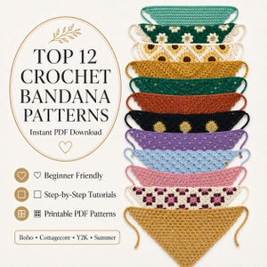 12 Crochet Bandana Pattern Bundle | DIY Granny, Boho Hair Scarf PDF | Summer Kerchief Tutorial