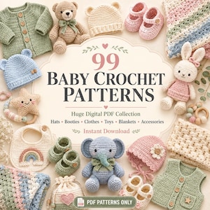 Könnte beinhalten: Eine digitale Sammlung von 99 Baby-Häkelanleitungen mit Abbildungen handgefertigter Artikel, darunter eine grüne Strickjacke, ein Teddybär, eine blaue Mütze, rosa Babyschuhe, eine Sternrassel, ein Regenbogen-Lätzchen, ein Elefant und eine grüne Weste.