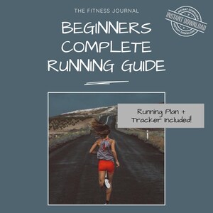 Könnte beinhalten: Ein digitaler Leitfaden mit dem Titel "Beginners Complete Running Guide" mit einem Foto eines Läufers auf einer Straße. Der Text "Running Plan + Tracker included!" ist ebenfalls sichtbar. Der Hintergrund ist dunkelblaugrün.