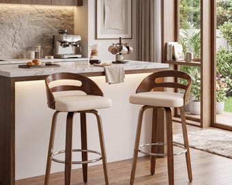 Walnut Swivel Bar Stools – Mid Century Counter Height Stools with Bentwood Frame, Faux Leather Seat & Low Back