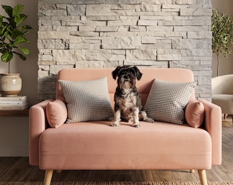 Mid-Century Modern Loveseat | 2-Seater Pink Gray Sofa with Wood Legs