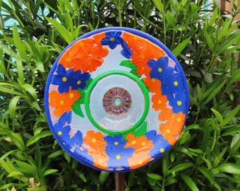 Glass Garden Flower - Hand Painted Blue, Orange & Yellow, Outdoor Garden Decoration, glass garden art, garden gift -Yard Art,  birthday gift