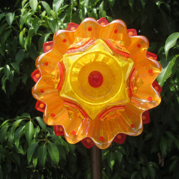 Iridescent Sunburst Suncatcher - Garden Art - Hand Painted Red, Orange & Yellow - Outdoor Wall Art, Fence Art, Glass Plate Flower Garden Art