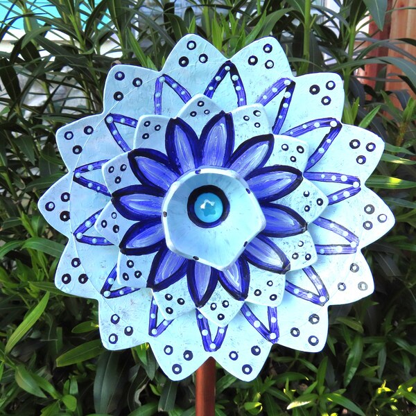 Glass Plate Flower Garden Art - Hand Painted Blue Pearl & Purple - Garden Decor - Garden Sculpture - Yard Art - Outdoor Decor -Garden Gift