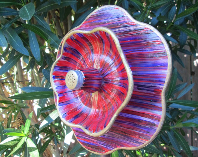 Glass Flower Garden Art Hand Painted in Red, Purple & Gold Garden Decor Garden Sculpture Yard