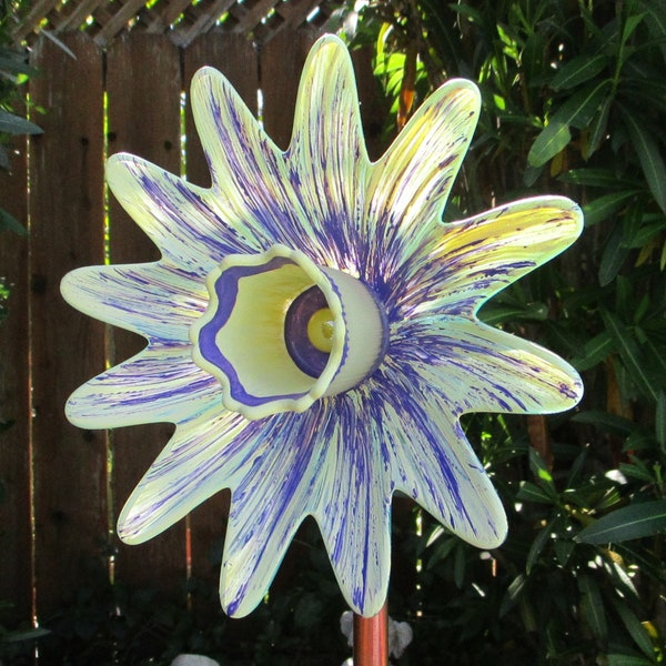 Glass Garden Flower - Outdoor Decorations, Yard Art Garden - Hand Painted in Yellow & Purple, Suncatcher, Recycled Garden Art, Garden Art