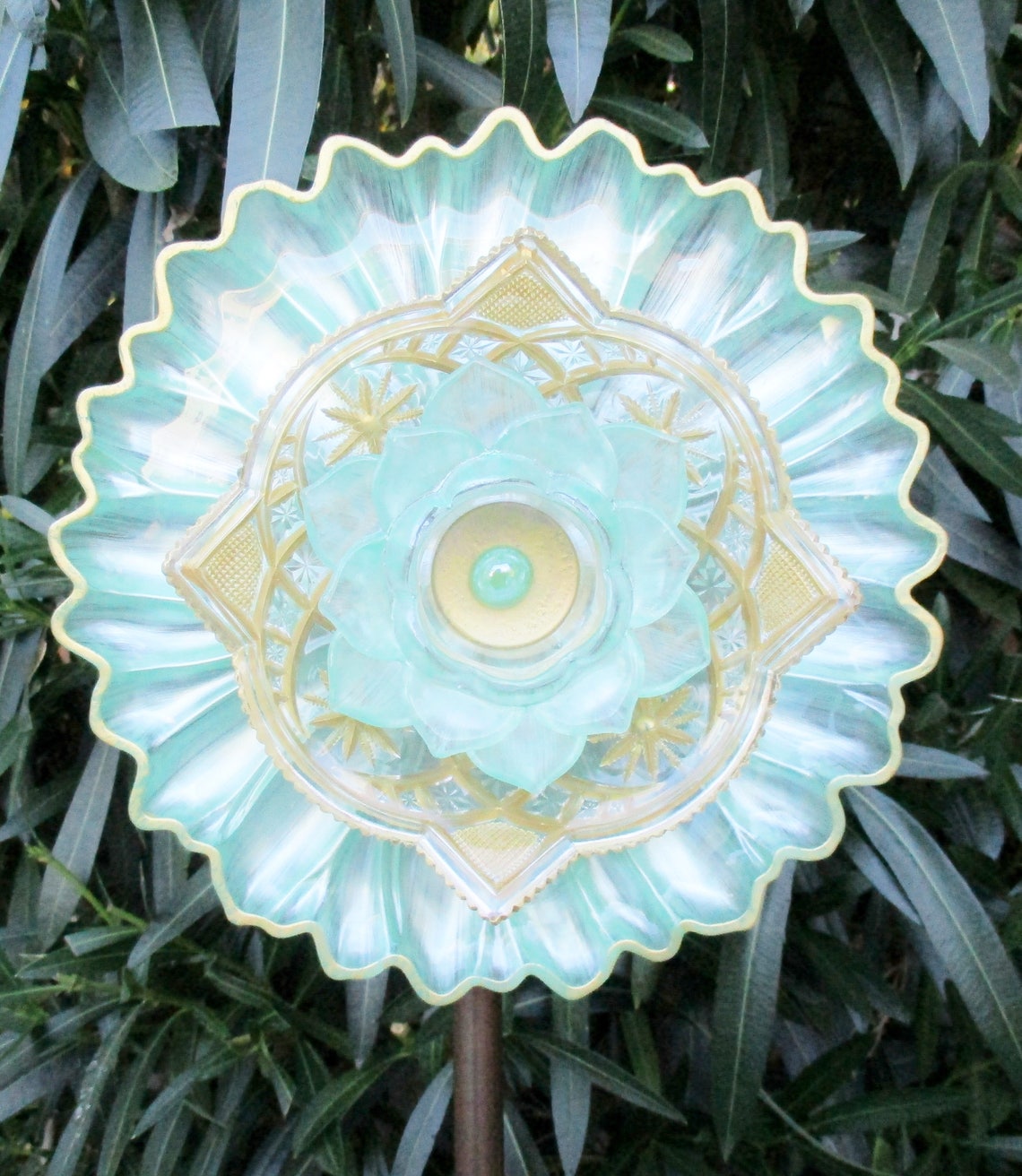 Glass Plate Flower Garden Art Hand Painted in Mint & Gold Etsy