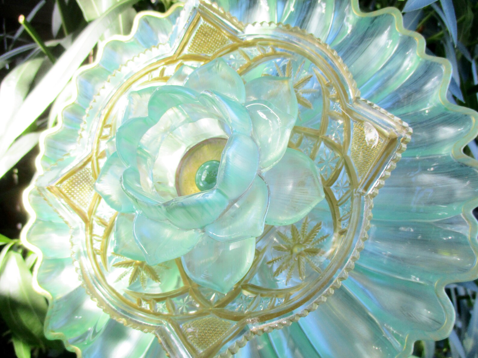 Glass Plate Flower Garden Art Hand Painted in Mint & Gold Etsy