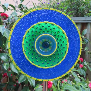 Glass garden art, Glass Plate Flower - Re-Purposed Glass Art - Hand Painted in Yellow, Blue & Green - Garden Stake - Yard Art - Garden Decor