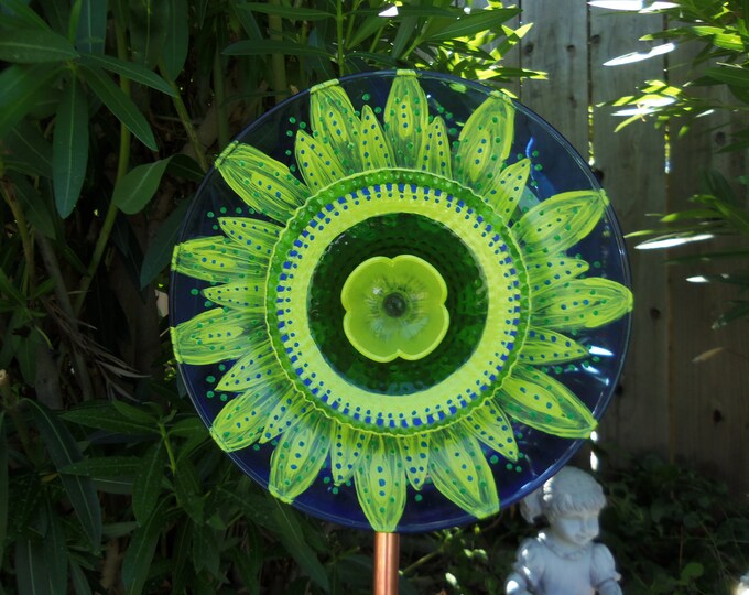 Glass Flower Garden Plate Art Hand Painted in Citron Blue & Etsy