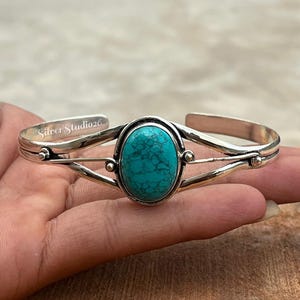 Bracelet manchette turquoise en argent sterling 925 fait main, pierres précieuses bleues, bracelet ouvert Boho, bijoux tendance