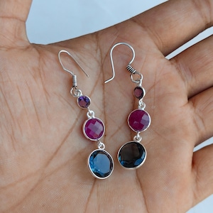Multi-Gemstone Drop Earrings, Sterling Silver, Amethyst, Ruby, Blue Topaz, Boho Elegance