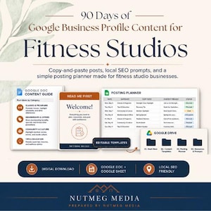 Może przedstawiać: Treści marketingu cyfrowego dla studiów fitness. Obraz zawiera przewodnik, plan i szablony dla profili Google Business. Zawiera posty kopiuj-wklej, lokalne monity SEO i prosty planer publikacji. Tekst brzmi "90 Days of Google Business Profile Content for Fitness Studios."