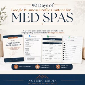 Może przedstawiać: Zestaw do marketingu cyfrowego dla Med Spa, zawierający "Google Business Profile Content Kit" i kalendarz publikacji. Zawiera posty do kopiowania i wklejania, podpowiedzi SEO i prosty planer. Zaprojektowany dla klinik estetycznych.