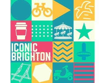 Poster iconico di Brighton / Stampa artistica da parete / Icone geometriche di Brighton / Poster di viaggio colorato del Regno Unito / Decorazioni costiere di Brighton / Stile costiero moderno