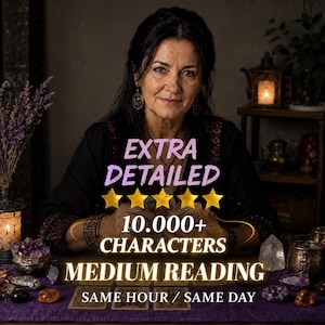 May include: A person with dark hair wearing a black top, positioned behind a table with tarot cards, crystals, and lanterns. Text overlay reads: EXTRA DETAILED, 10.000+ CHARACTERS, MEDIUM READING, SAME HOUR / SAME DAY, accompanied by five gold stars.
