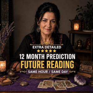 May include: A person with dark hair sits behind a table with an open book and tarot cards. Text on the image reads: EXTRA DETAILED, 5 stars, 12 MONTH PREDICTION, FUTURE READING, SAME HOUR / SAME DAY. The scene includes a lantern and a crystal.