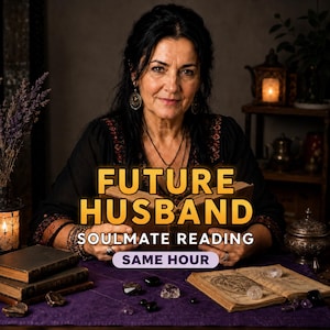 Pode incluir: Uma pessoa de cabelos escuros vestindo um top preto com bordados vermelhos segura um livro aberto. O texto diz FUTURE HUSBAND SOULMATE READING SAME HOUR. Sobre uma superfície roxa há livros empilhados, cristais espalhados e um recipiente metálico.