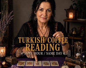 May include: A person with dark hair wearing a black top with red embroidery, pointing at one of five tarot cards laid out on a purple cloth. The text reads TURKISH COFFEE READING SAME HOUR / SAME DAY. Accessories include layered necklaces and bracelets.