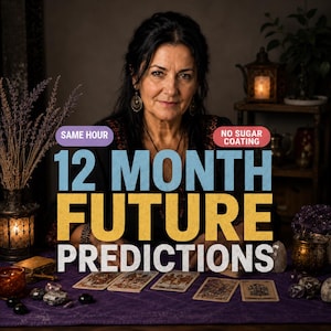 May include: A person with dark hair sits behind a purple table with tarot cards. Text overlays read SAME HOUR, NO SUGAR COATING, and 12 MONTH FUTURE PREDICTIONS. The scene includes a lantern, dried lavender, and crystals on the table surface.
