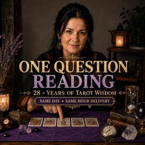 May include: A person with dark hair pointing at one of five tarot cards laid out on a purple cloth. The text reads: ONE QUESTION READING, 28 + YEARS OF TAROT WISDOM, SAME DAY • SAME HOUR DELIVERY. The scene includes a small clock, crystals, and a lantern.