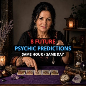 Può includere: Una persona con un top nero indica una fila di cinque carte dei tarocchi su un panno viola. Il testo recita 8 FUTURE PSYCHIC PREDICTIONS SAME HOUR / SAME DAY. Un pendolo, una clessidra, un orologio da taschino e cristalli sono sul tavolo.