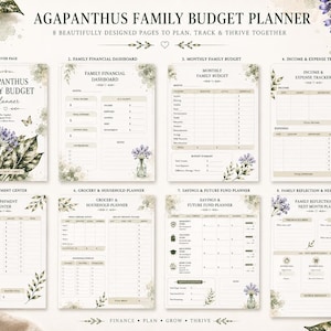 Puede incluir: El planificador de presupuesto familiar Agapanthus consta de ocho páginas con ilustraciones florales de flores de agapanto moradas. Las páginas incluyen una portada, panel financiero, presupuesto mensual, rastreador de ingresos y gastos, centro de pago de facturas, planificador de comestibles, planificador de ahorros y un plan de reflexión familiar.